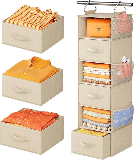 Pipishell 6-Shelf Hanging Closet Organizer, with 3 Detachable Drawers & Side Pockets, Closet Organizers and Storage for Bedroom, Garment Rack and Wardrobe Organization, Dorm Clothes Organizer, Beige