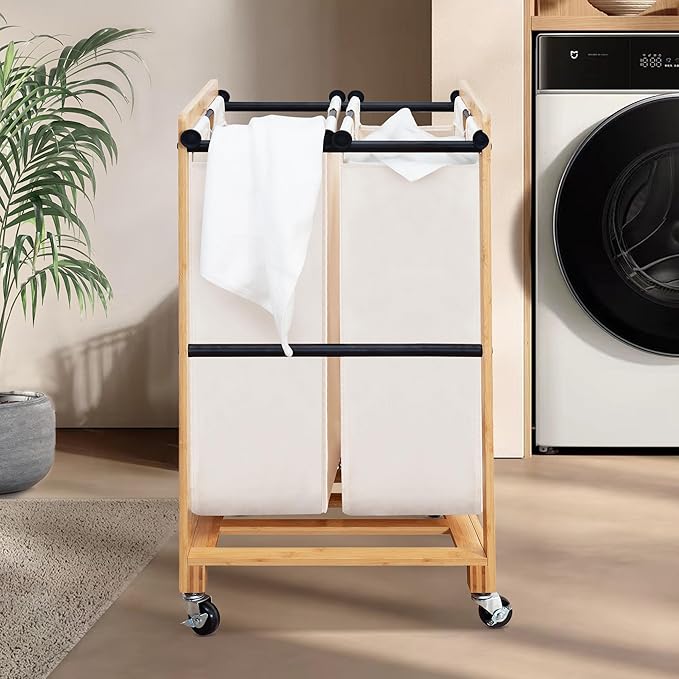 STO STO 2-Section Laundry Sorter with Bamboo Frame, Rolling Laundry Hamper Basket with Removable Bags and Lockable Wheels, Laundry Cart for Clothes Storage in Bedroom & Laundry Room, Beige