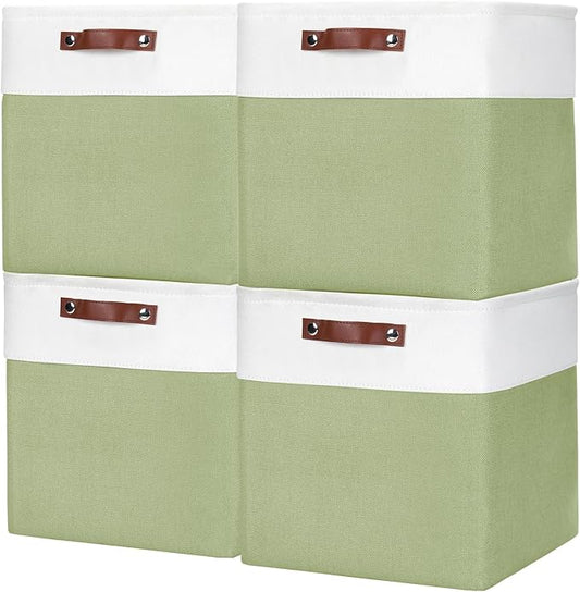 Bagnizer 13x13 Cube Storage Bins, Collapsible Fabric Storage Box, 4 Pack Closet Baskets with Handles for Organizing, Shelf, Toys, Clothes, Home, Office, Nursery (Green&White)