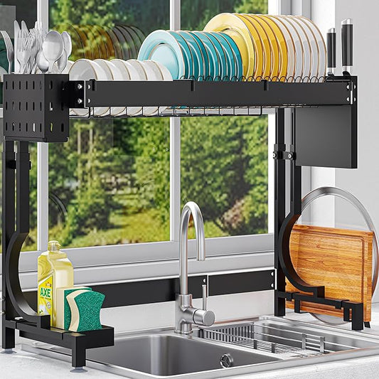 Over the Sink Dish Drying Drainer Rack - Height & Width Adjustable Large Capacity Stainless Steel Kitchen Storage Organization Plate Strainers Above Kitchen Counter (W21.2-37" ~ H18.5-22" Black)