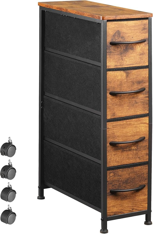 Narrow Dresser Storage Tower with 4 Drawers, Slim Dresser Chest of Drawers with Steel Frame, Wood Top, Dresser for Bedroom, Bathroom, Small Spaces, Laundry, Closet (Rustic Brown)