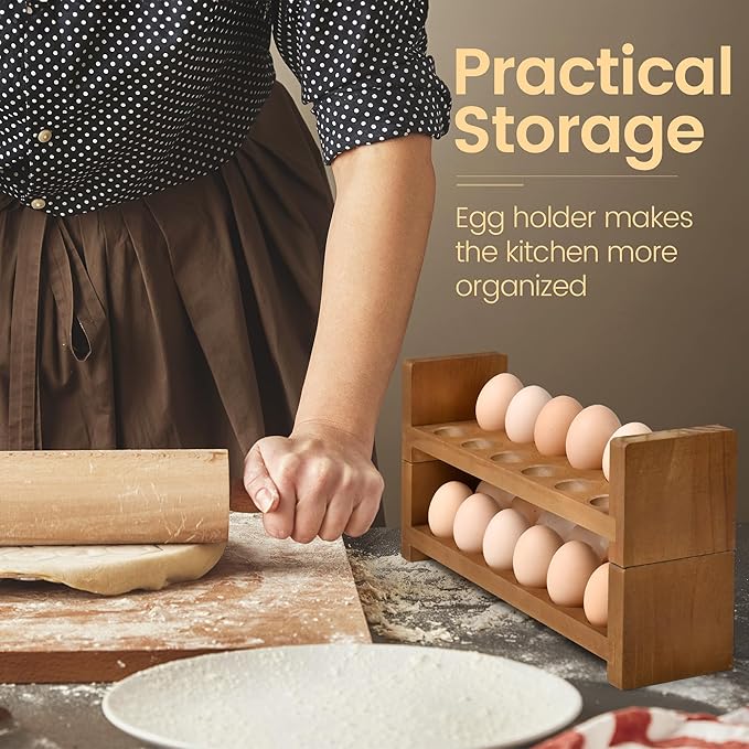 Sishynio Double Layer Egg Tray Holder Countertop - Wooden Fresh Egg Rack Stackable Storage Basket, 2 Tier Egg Organizer for Farmhouse Kitchen Refrigerator