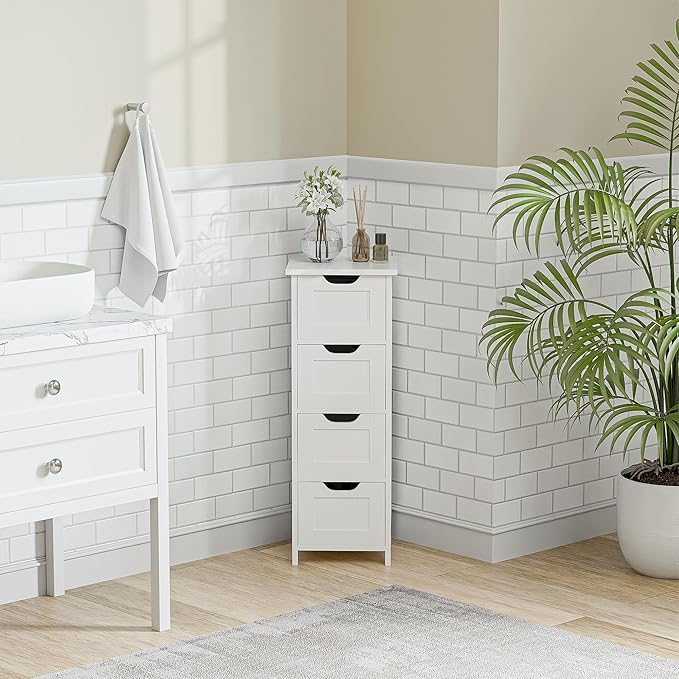 SUPER DEAL Small Bathroom Storage Cabinet with 4 Drawers, Freestanding Narrow Wooden Side Storage Organizer for Bathroom Hallway Living Room, White