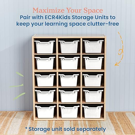 ECR4Kids Scoop Front Storage Bin, Multipurpose Organization, White, 15-Piece