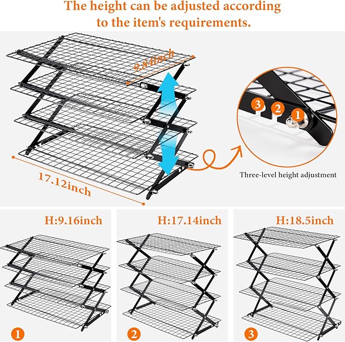4 Tier Collapsible Cooling Rack，3 Setting Design, Adjustable ＆ Stackable Baking Rack, for Baking, Cookies, Bread, Gifts for Baking Must Haves