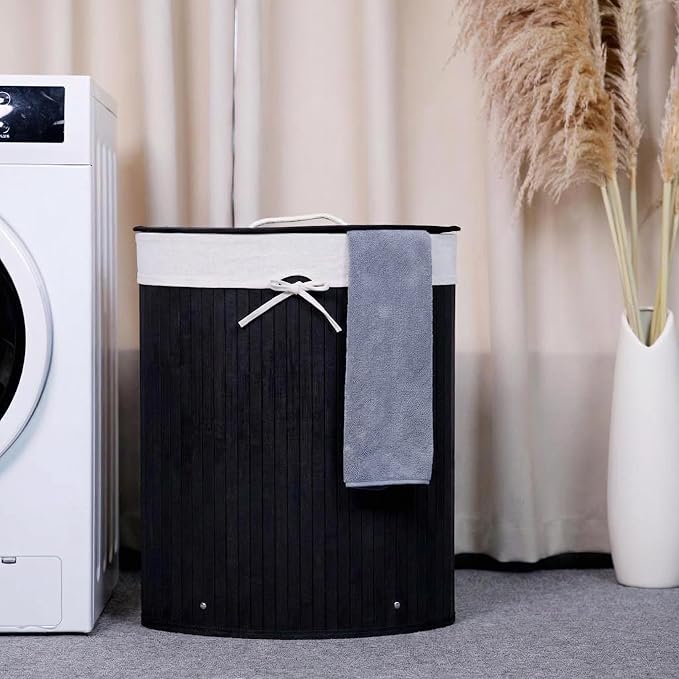 GarveeHome Folding Bamboo Laundry Hamper with Lid, 27.5 Gallon Wooden Laundry Basket with Washable Liner Bag, Slim Clothes Storage Hamper for Small Bedrooms Apartments Dorms (Black - Triangle)