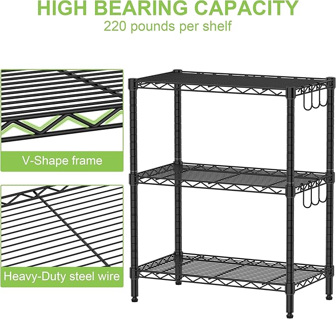 Storage Shelves Garage Wire Shelving 3 Tier Metal Wire Steel Rack Shelving Units Organizer Adjustable Utility Shelf Commercial Shelf for Kitchen Garage Pantry Laundry