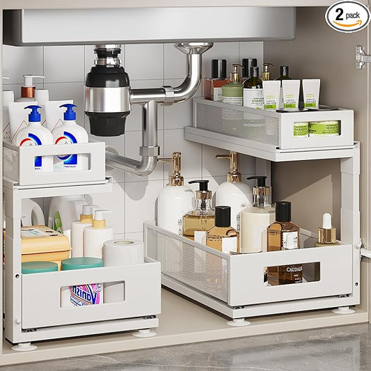 2 Pack Under Sink Organizer with Next-Gen Ball-Bearing Slides,2-Tier Pull Out Cabinet Storage,Height Adjustable Drawer Shelf for Bathroom,Kitchen,Laundry,Cabinet,Pantry(Patent Pending)