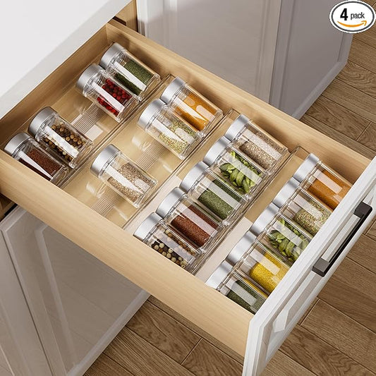 MIUKAA Acrylic Spice Drawer Organizer, 2 Tier - 4 Pack Seasoning Organizer for Drawer, Expandable From 13" to 26" Kitchen Drawer Spice Rack with Slip-Proof Mat (Jars not Included)