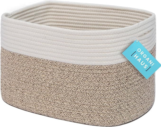 OrganiHaus Cotton Rope Basket for Shelf - Woven Storage Basket for Organizing, Closet & Toy Storage - Brown/Off-White - 15x9x10