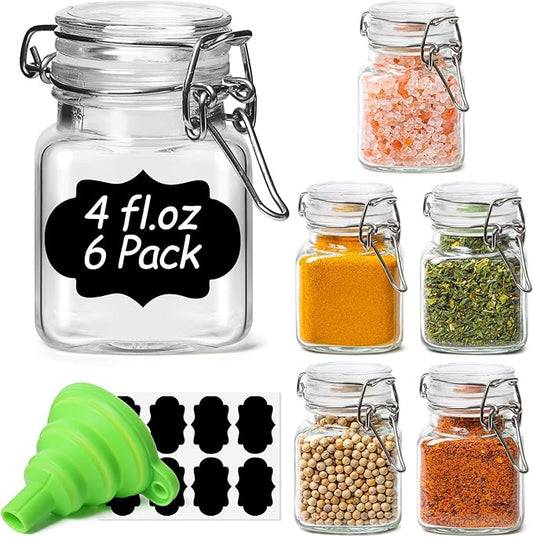 ComSaf Set of 6 Square Glass Spice Jars with Airtight Lids (4 Oz), Mini Favor Jars with Wire Clamp for Honey, Herbs & Farmhouse Kitchen Pantry Organization, with Funnel & Labels