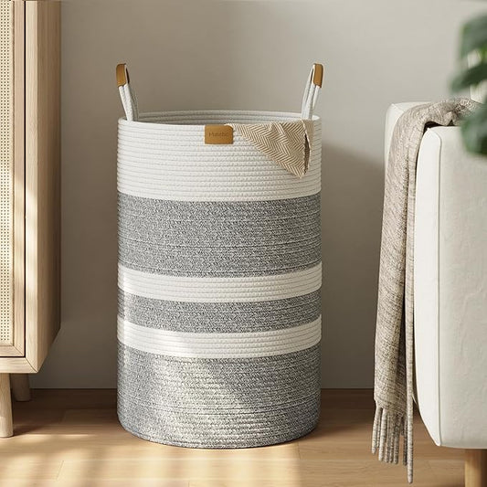 Nunsino 75L Striped Laundry Hamper with Leather Handles,Large Foldable Laundry Basket for Clothes,Cotton Rope Storage Bin for Blankets,Woven Clothes Basket for Bedroom,Gray Stripes