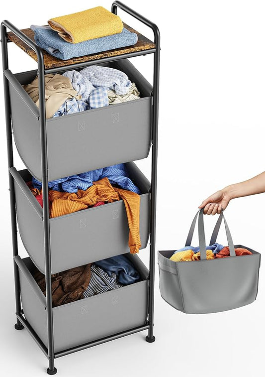 3 Section Laundry Sorter with Removable Bags, 120L Vertical Laundry Hamper with Shelf, Stackable Laundry Baskets organizer for Bathroom, Apartment, Dorm (Gray, With Shelf)