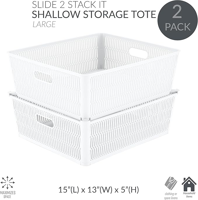 Simplify 2Pk Shallow Slide 2 Stack It Tote Basket | Storage & Organization | Open Bins with Stackable Capability | Bathroom | Crafts | Pantry | Playroom | Office | White