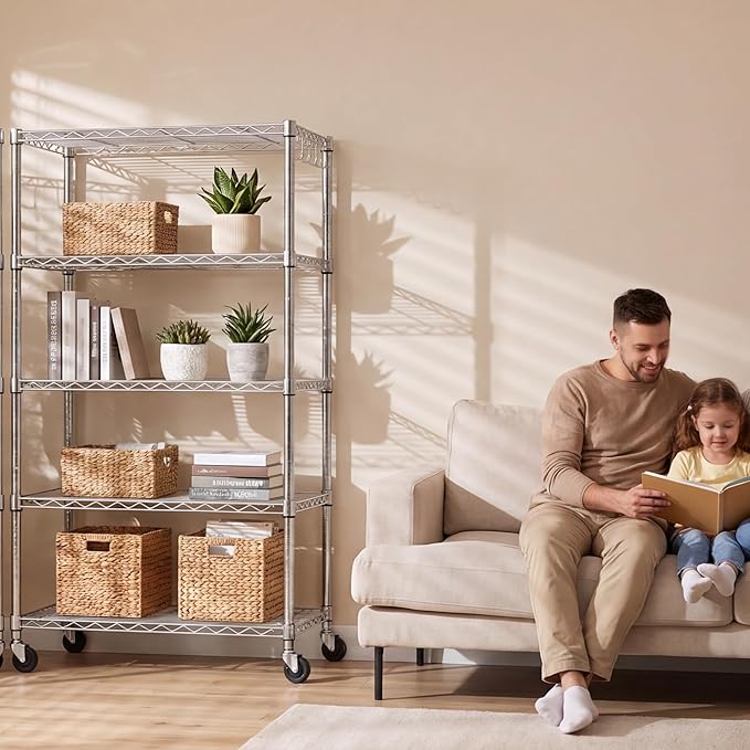 PrimeZone 3 Pack Steel Storage Wire Shelving 5 Tier Metal Shelves with Wheels,Adjustable Kitchen Utility Shelving Unit,Pantry Rack Rolling Metal Shelf Laundry,Chrome 24" Wx18 Dx75 H