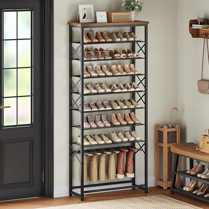 YATINEY Tall Shoe Rack for Entryway, Metal Shoe Storage Organizer with Boot Rack, 10 Tier Sturdy Shoe Rack for Closet, Space Saving Wooden Shoe Shelf, Black and Rustic Brown SS19BR