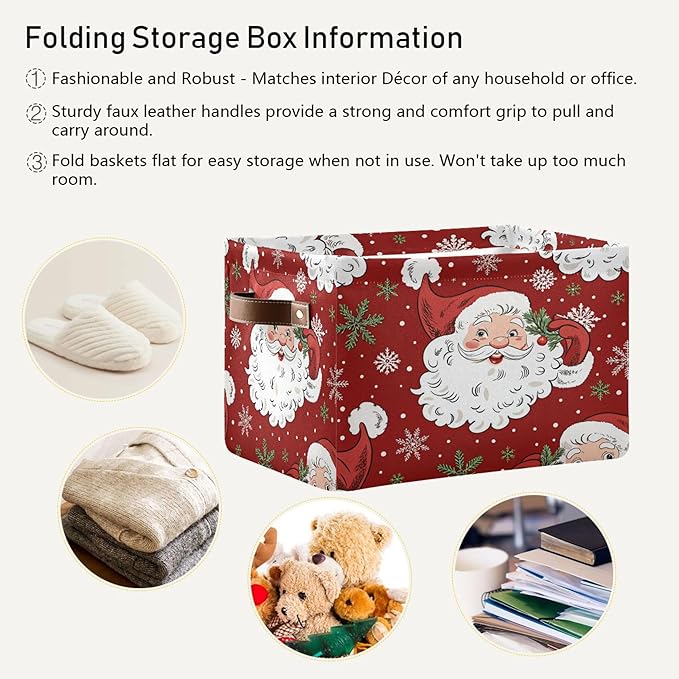xigua Christmas Decoration Storage Basket Santa Collapsible Storage Bins Waterproof Canvas Storage Basket with Leather Handles for Home Closets Offices,Bedrooms,Gift Baskets,2PCS