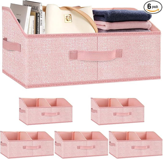 Closet Storage Bins 6 Pack, Large Closet Organizer Baskets with Divider & Handles,Trapezoid Fabric Shelf Organizers, Collapsible Storage Cubes for Clothes, Towels, Toys - Pink