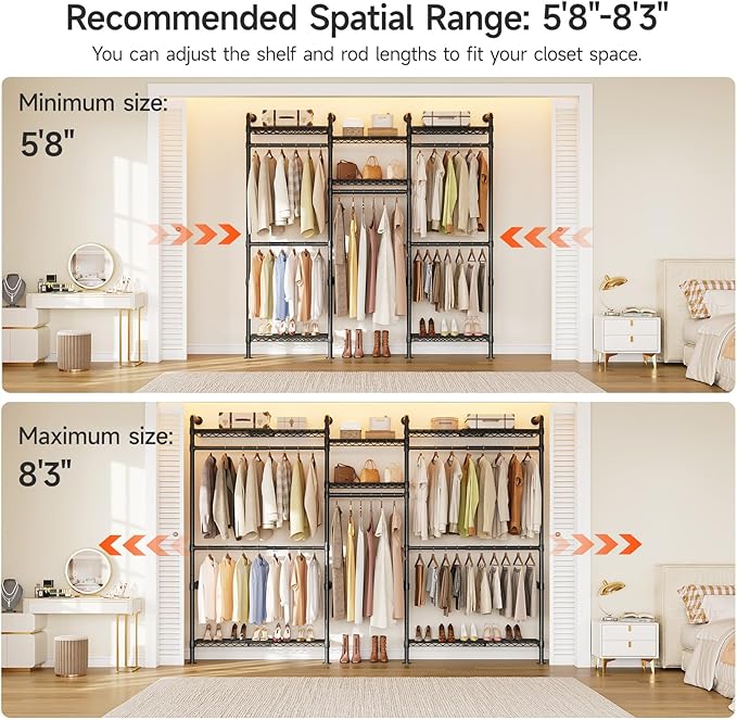 ONBRILL H3 Plus Expandable Wall Mounted Closet System, 5.7FT-8.2FT Closet Organizer with 4 Telescopic Shelves & 5 Adjustable Rods, Industrial Pipe Clothing Rack for Walk-in & Reach-in Closet (Black)