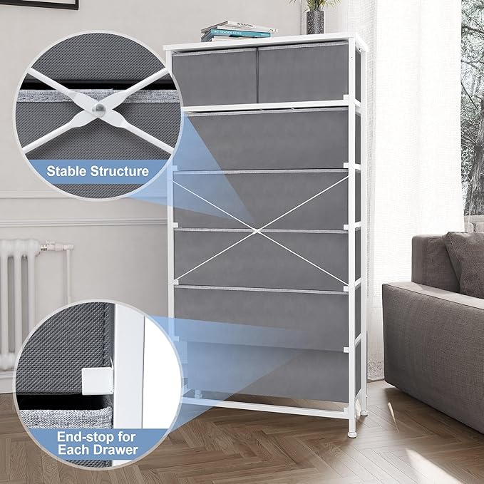 Crestlive Products Vertical Dresser Storage Tower - Sturdy Steel Frame, Wood Top, Easy Pull Fabric Bins, Wood Handles - Organizer Unit for Bedroom, Hallway, Entryway, Closets - 7 Drawers (Light Gray)