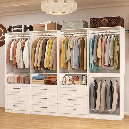 Closet System with 4 Sets, 8FT Closet Organizer Systems with 9 Wooden Drawers & 9 Hanging Rods, Walk in Closet Standalone Corner Closet System Modular Closet System White (8FT)