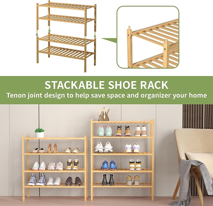 ROMGUAR CRAFT 4 Tier Bamboo Shoe Rack for Closet Free Standing Wood Shoe Shelf for Entryway Small Space Stackable 27"x11"x26" (Natural)