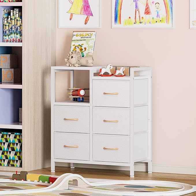 Furnulem 5 Drawer White Dressers for Bedroom 2 Tier Shelf Storage Small Fabric Dresser for Closet Sturdy Metal Frame Modern Style Storage Cabinets Organization Units for Hallway Rooms