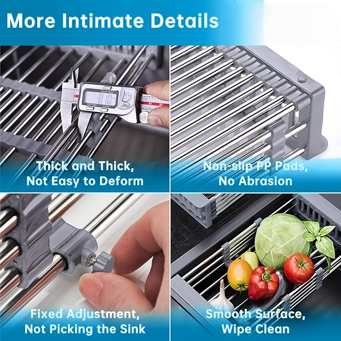 Over The Sink Dish Drying Rack, Stainless Steel Expandable Telescopic Drain Basket with Adjustable Arms - Functional Kitchen Sink Organizer for Dishes, Vegetables & Fruits (Large, Grey)