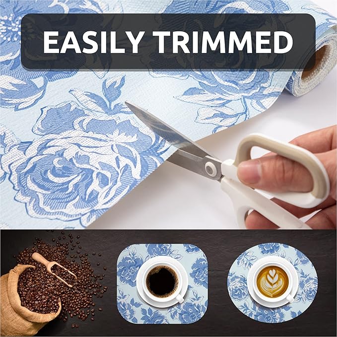 FIFTY FEET 18X96 Inch Shelf Liner for Kitchen Cabinets, PVC Drawer Liner for Dresser Non-Slip Bathroom, Non-Adhesive Cabinet Liner Washable (Blue Flower)(2 Roll)