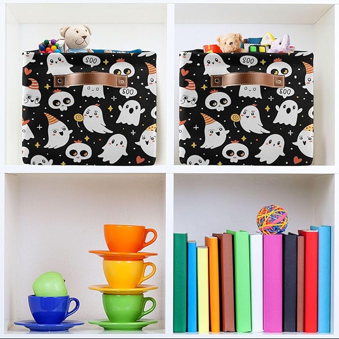 xigua Halloween Ghost Storage Basket Collapsible Storage Bins Waterproof Canvas Storage Basket with Leather Handles for Home Closets Offices,Bedrooms,Gift Baskets,1PCS