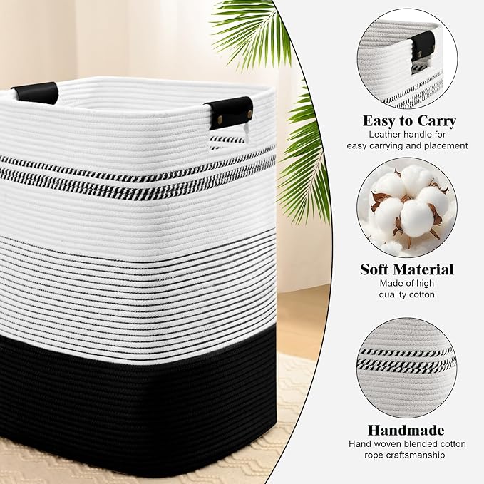 Laundry Hamper, 85L Tall Laundry Basket with Leather Handles, Rectangle Large Clothes Hamper for Organizing, Cotton Woven Laundry Baskets Storage Hampers for Bedroom, Nursery, Living Room