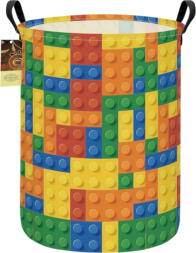 HUNRUNG Collapsible Fabric Storage Basket, Waterproof Laundry Hamper with Handles, Round Storage Bin for Clothes Toys, Foldable Organizer for Bedroom Nursery Bathroom(Round-Colorful Blocks)