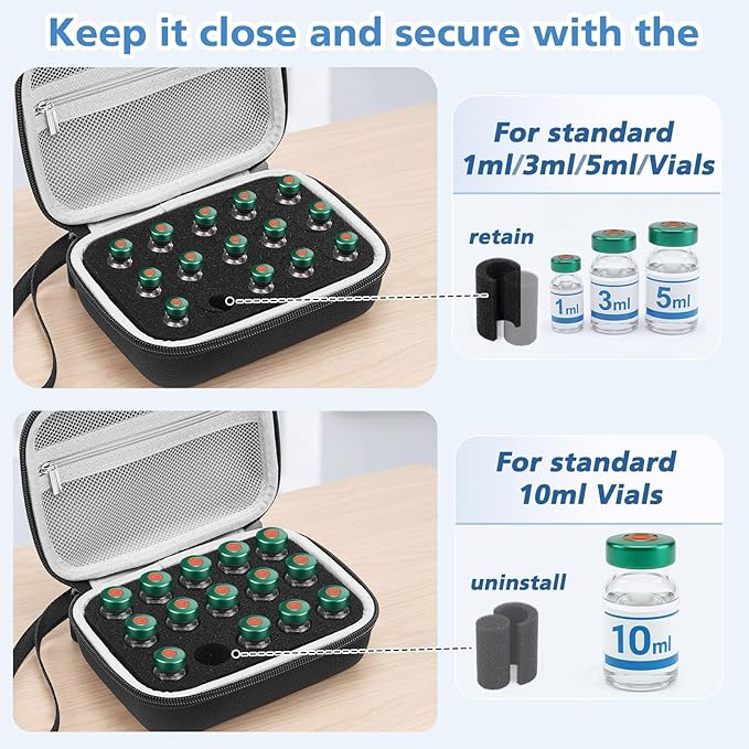 Teenyyou 15 Slots Fits 10ml/ 3ml Insulin Peptide Fridge Carrying Case Vial Holder Storage Bag Protector, Fits Standard Vials, Insulin Cooler Travel Kits Case Diabetes Protector(Black, Gray Net)