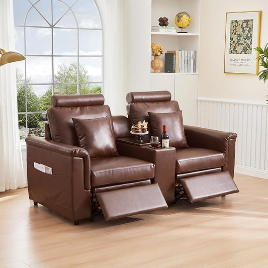 LEVNARY 2-Seater Modular Reclining Sofa with Center Console, Upholstered Faux Leather Power Recliner Loveseat with Cup Holders, USB Charging, Side Pockets & 2 Pillows, Living Room Furniture (Brown)