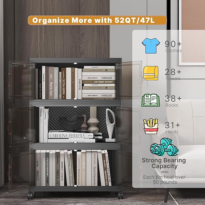 UAMFURI Stackable Storage Bins with Lids 144QT-48QT*3Pack Folding Storage box with Doors and Wheels, Collapsible Plastic Bins Stackable Organizer and Containers for Home, Garage, Office