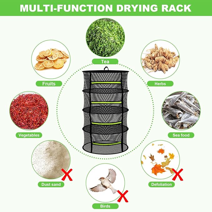 MEKOLIFE Herb Drying Rack Hanging-4 Layer, Plant Drying Rack, Bud Drying Net,Foldable Hanging Dry Rack Net with Green Zipper, Garden Shears & Hooks, for Herbs, Seeds Indoor/Outdoor (23.62")
