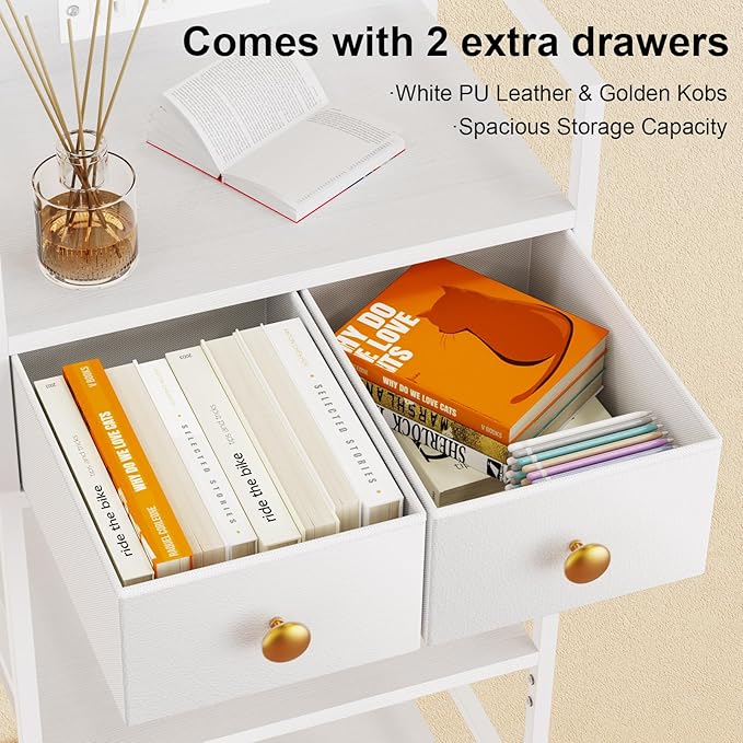 Storage Tower with USB Outlet & LED Lights, 2 Fabric Drawers and 4 Shelves, Narrow Closet Organizer for Bedroom, Bathroom, Entryway, White