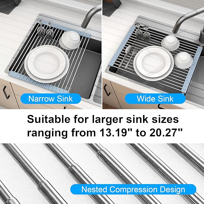20.27 x 13.19 Inch Roll Up Dish Drying Rack, Expandable Over Sink Drying Rack 304 Stainless Steel Drainer for Counter Kitchen Home RV Essentials Foldable Over Sink Drying Rack, Grey