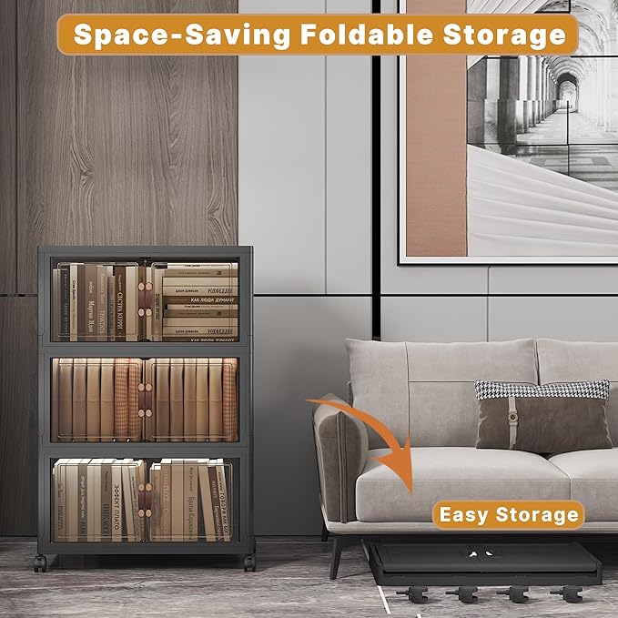 UAMFURI Stackable Storage Bins with Lids 144QT-48QT*3Pack Folding Storage box with Doors and Wheels, Collapsible Plastic Bins Stackable Organizer and Containers for Home, Garage, Office