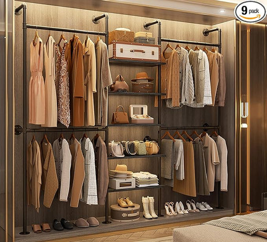 Aheaplus Industrial Pipe Clothing Rack, Reversible 6.42FT Clothes Rack for Hanging Clothes, Heavy Duty 5 Tier Wardrobe Closet Garment Racks with Shelves, Corner Closet Organizer System, Black Oak