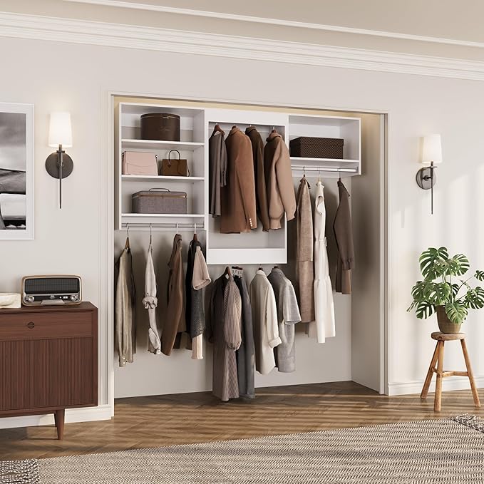 ROOMTEC Modular Closet System, 90" Closet Organizer with Hanging Rods, Wall-Mounted Wooden Tower for Walk-In Closets, Wardrobe Storage Kit, White
