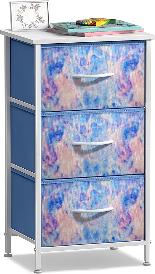Sorbus Nightstand with 3 Drawers - Bedside Furniture & Accent End Table Chest for Home, Bedroom, Office, College Dorm, Steel Frame, Wood Top, Easy Pull Fabric Bins (3-Drawer, Blue Tie-dye)