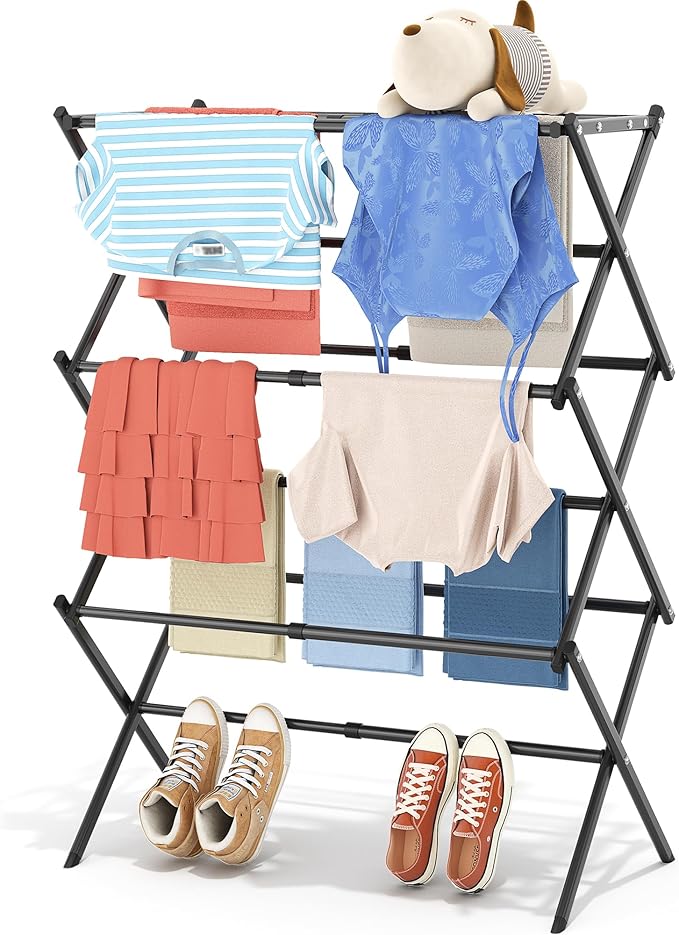 APEXCHASER Clothes Drying Rack, 3-Tier Laundry Drying Rack for Clothes, Expandable Metal Clothing Dryer, Collapsible Towel Rack, Air Drying Rack, Black