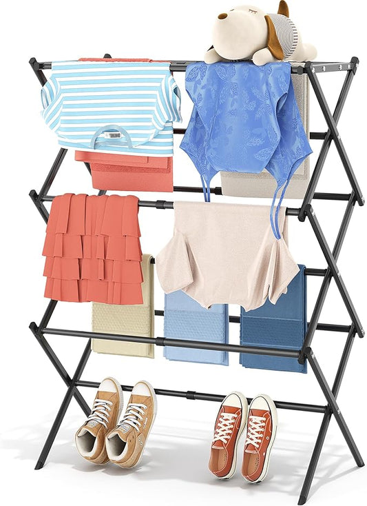 APEXCHASER Clothes Drying Rack, 3-Tier Laundry Drying Rack for Clothes, Expandable Metal Clothing Dryer, Collapsible Towel Rack, Air Drying Rack, Black