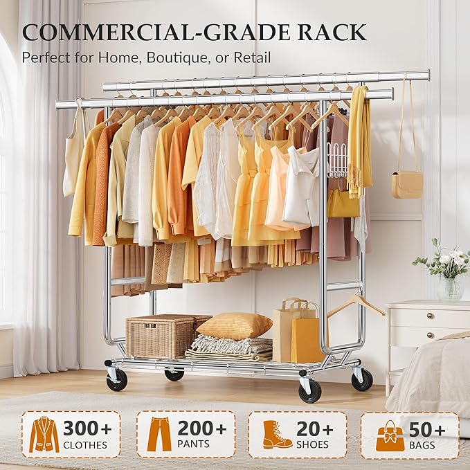 Gewudraw Heavy Duty Clothes Rack Load 900 Lbs, Double Rod Rolling Clothing Rack With Sturdy Wheel And Shelves，Adjustable Portable Hanging Rack For Clothes,Silver Stainless Steel