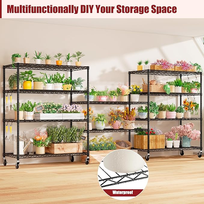PrimeZone 2 Packs 48" W x 24" D x 81" H Heavy Duty Wire Storage Shelves with Wheels, 5 Tier Adjustable NSF Certified Garage Shelving Unit, Rolling Metal Organizer Shelf Rack for Warehouse, Restaurant
