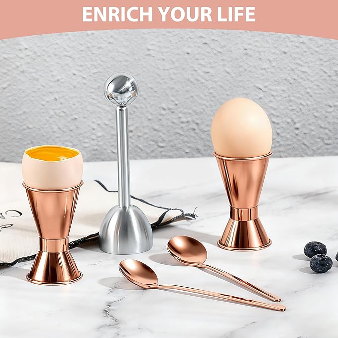Egg Cups For Soft Boiled Eggs Set Of 5 - Includes 1 Stainless Steel Egg Cutter & 2 Egg Spoons & 2 Soft Boiled Egg Holder, Effortless & Precise Cracking - For Breakfast, Afternoon Tea, Parties