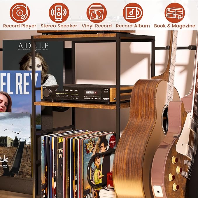 Multi-Guitar Stand & Record Player Stand with Storage Shelf, 3-in-1 Adjustable Black Guitar Rack for Acoustic/Electric Guitars & Bass, Vinyl Record Storage with Display Shelf, for Home Music Studio
