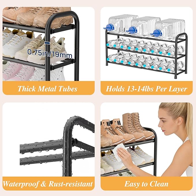 ENJOYBASICS Expandable Shoe Rack, 46.5'' Wide - 12 Pairs Adjustable Shoe Organizer Shelf for Closet, 2-Tier Black Metal Free Standing Shoe Rack Storage for Small Space, Entryway