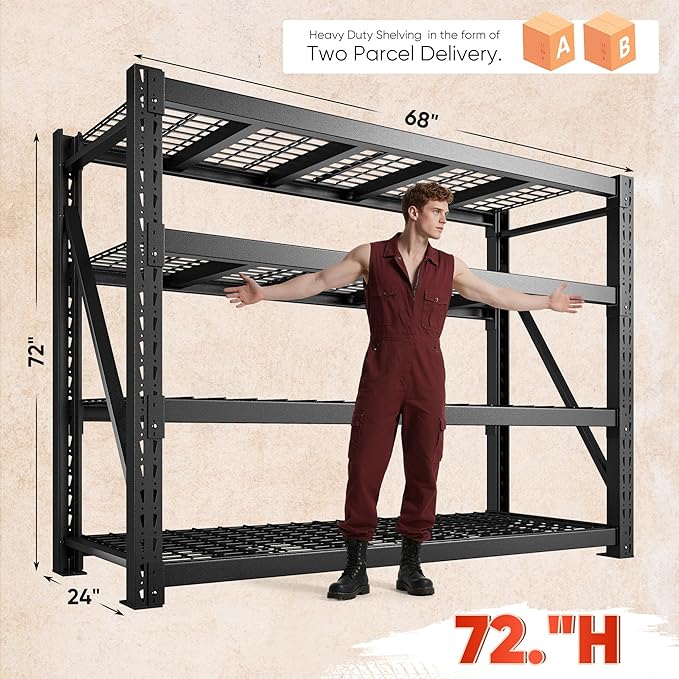 Bepatio 9400LBS Garage Shelving Heavy Duty Storage Shelves,Large Industrial Metal Shelving,4Tire Shelving Unit,Adjustable Rack Shelf for SOP Basement Warehouse Commercial,68'Wx23.7'Dx72'H,Black